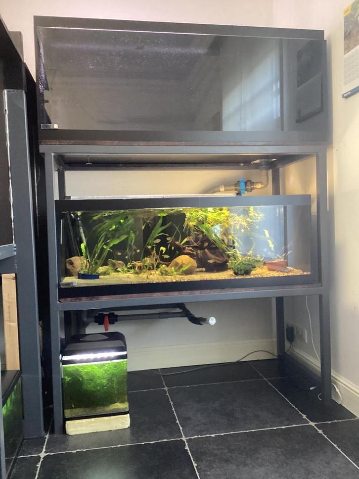 Stelling met 2 aquaria, Dieren en Toebehoren, Vissen | Aquaria en Toebehoren, Zo goed als nieuw, Ophalen