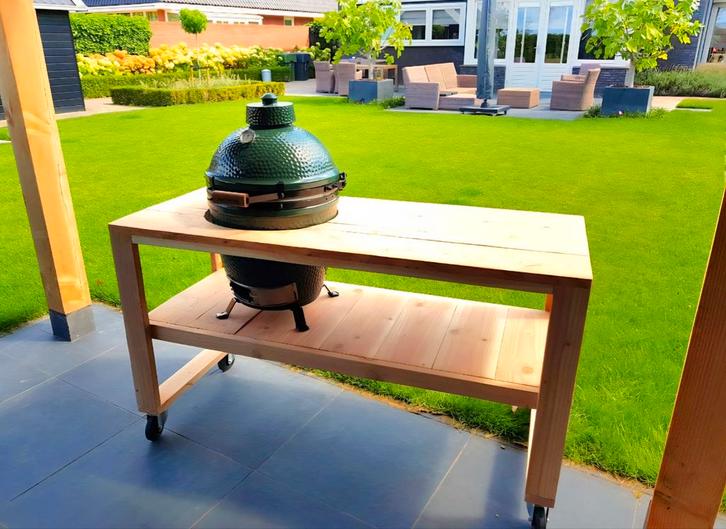 Luxe douglas BBQtafel op maat gemaakt voor iedere kamado, Jardin & Terrasse, Cuisines extérieures, Neuf, Charbon, Autoportant