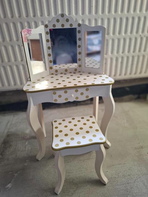 Coiffeuse et tabouret Blanc Or avec Miroir pour Enfant, Huis en Inrichting, Tafels | Kaptafels, Gebruikt, Minder dan 100 cm, 50 tot 100 cm