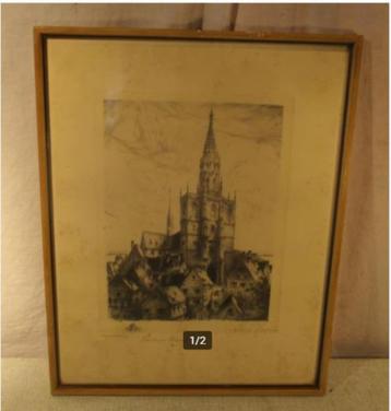 Mooie Oude Ets 'Stad met Kathedraal' - gesigneerd beschikbaar voor biedingen