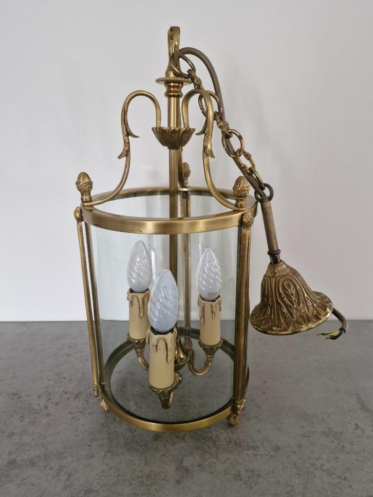 Vintage hanglamp in lantaarnstijl, Huis en Inrichting, Lampen | Hanglampen, Gebruikt, 50 tot 75 cm, Glas, Metaal, Ophalen