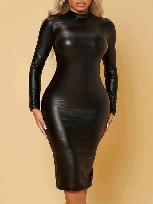 R10 kunstleren midi jurk maat 42/44, is stretch stof........, Kleding | Dames, Jurken, Nieuw, Maat 42/44 (L), Zwart, Knielengte