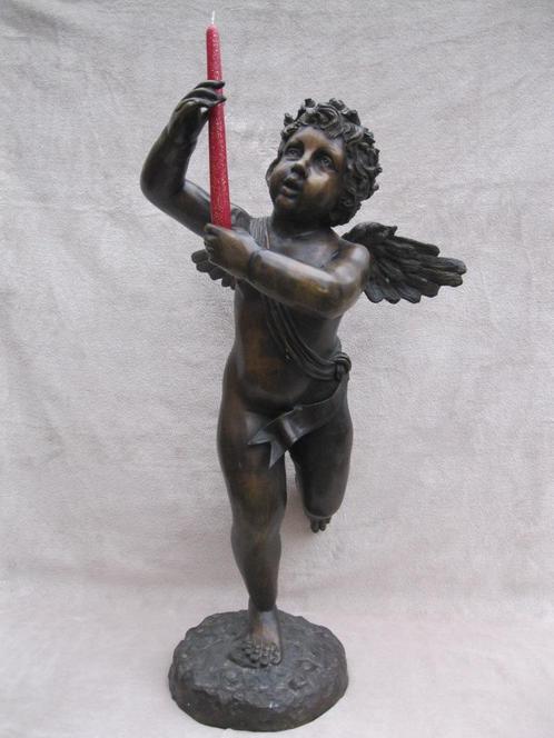 Zware bronzen engel ( Hoogte 86cm) met waskaars., Antiek en Kunst, Antiek | Brons en Koper, Brons, Ophalen