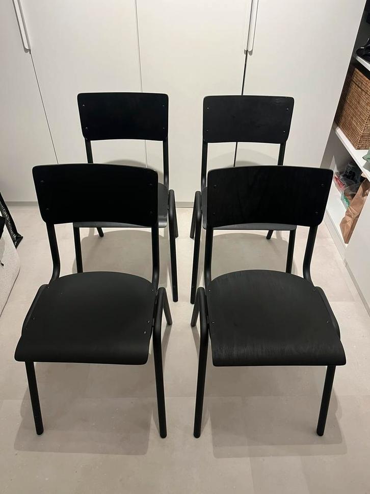 Eetkamerstoelen schoolstoel zwart stoel vintage hout/metaal, Maison & Meubles, Chaises, Comme neuf, Quatre, Bois, Noir, Enlèvement