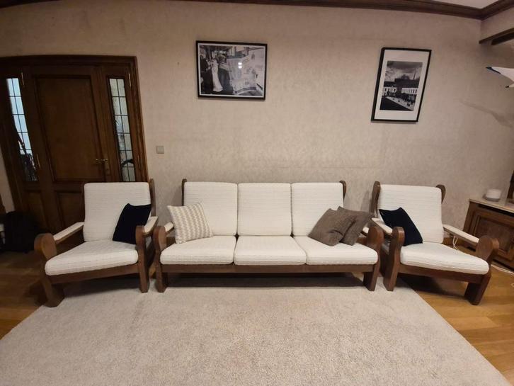 Bank en twee fauteuils, massief hout, zeer comfortabel, Huis en Inrichting, Zetels | Complete zithoeken, Gebruikt, Ophalen