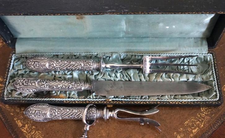 Antieke gestempelde zilveren snijset, Antiek en Kunst, Antiek | Zilver en Goud, Zilver, Ophalen of Verzenden