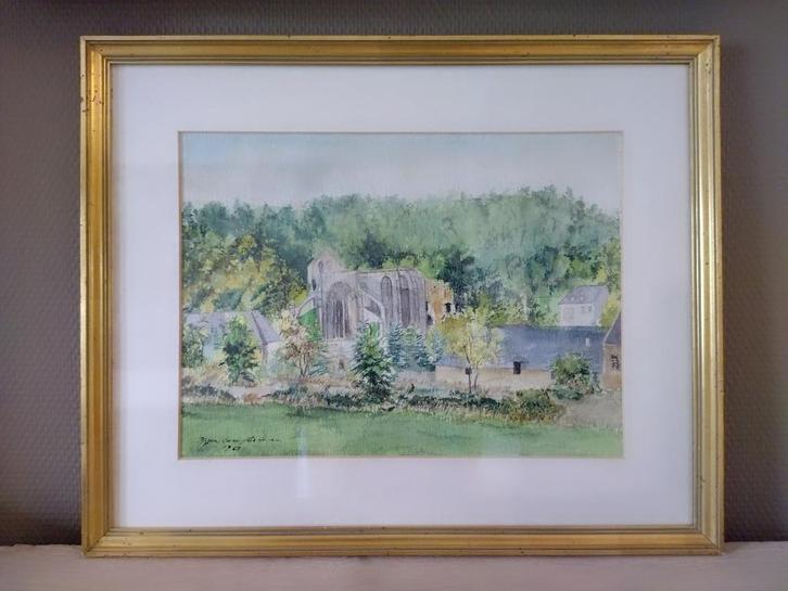 LOSSEAU Myriam. De abdij van Aulne, 1967. aquarel., Antiek en Kunst, Kunst | Schilderijen | Klassiek, Ophalen of Verzenden