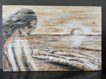 Grande peinture sensuelle d'une dame au bord de la mer