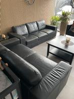 ZWART LEDEREN SALON + SALONTAFEL, Huis en Inrichting, Ophalen, Gebruikt, Hoekbank, Leer