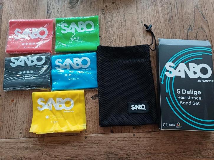 5 delige set weerstandsbanden van het merk Sanbo als nieuw, Sport en Fitness, Fitnessmaterialen, Ophalen of Verzenden