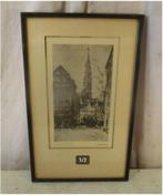 Mooi Oude Gravure 'Kathedraal en Huizen' - gesigneerd, Antiek en Kunst, Ophalen of Verzenden