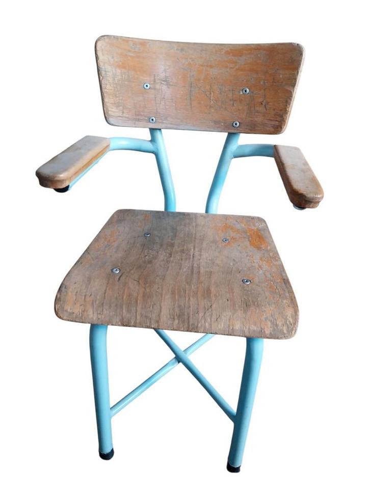 Chaise d'écolier vintage – Look industriel & Patine d'origin, Maison & Meubles, Chaises, Comme neuf, Une, Bois, Métal, Bleu, Enlèvement