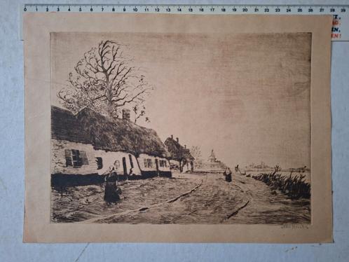 Ets Jaive Muller Landschap met huizen met strooien daken, Antiek en Kunst, Kunst | Etsen en Gravures, Ophalen of Verzenden
