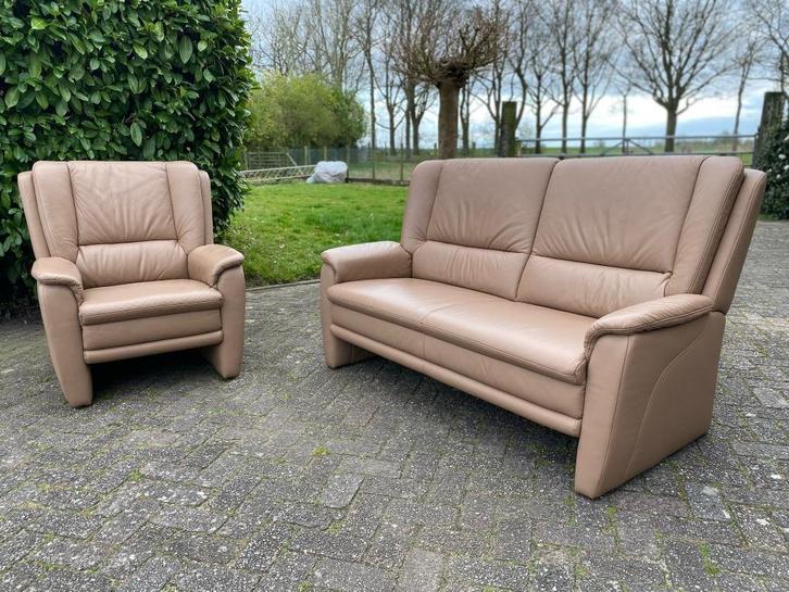 Beige leren 2zits bankstel en/of fauteuil bank stoel leer, Huis en Inrichting, Zetels | Voetbanken en poefs, Gebruikt, 75 tot 100 cm