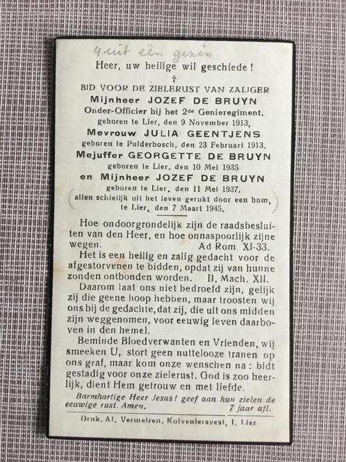 4 oorlogsslachtoffers De Bruyn - Geentjens + Lier 1945  WOII, Verzamelen, Bidprentjes en Rouwkaarten, Bidprentje, Ophalen of Verzenden