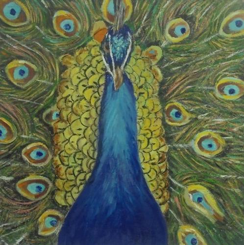 3D olieschilderij pauw (30x30x4cm), Antiek en Kunst, Kunst | Schilderijen | Modern, Ophalen of Verzenden