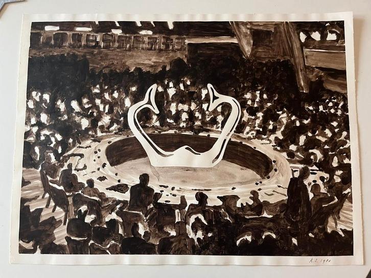 Roland Sips - Le rassemblement - Aquarelle - 1980, Antiquités & Art, Art | Peinture | Moderne, Enlèvement