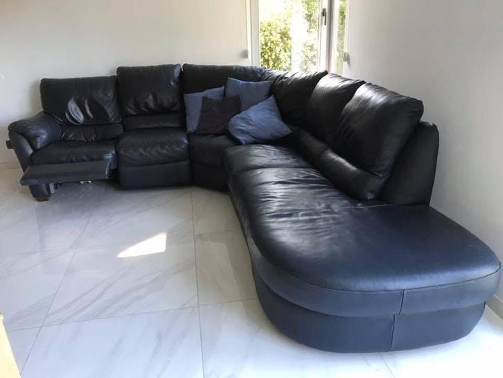 Salon en cuir d’angles bleu/gris anthracite, Maison & Meubles, Canapés | Salons, Utilisé, Banc d'angle, Quatre personnes ou plus