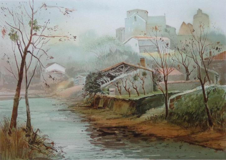 ALLAIN RENOUX / HUIZEN LANGS DE RIVIER / KLEURLITHO 50x65cm, Antiquités & Art, Art | Lithographies & Sérigraphies, Enlèvement ou Envoi