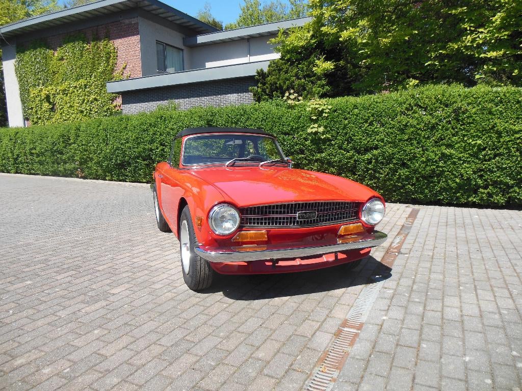 Triumph TR 6 te koop, Autos, Triumph, Particulier, TR6, Essence, Cabriolet, 2 portes, Boîte manuelle, Rouge, Noir, Cuir et Tissu