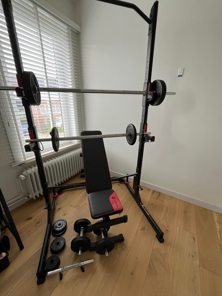 Domyos rack + halters, Sport en Fitness, Fitnessmaterialen, Ophalen, Zo goed als nieuw, Fitnessbank