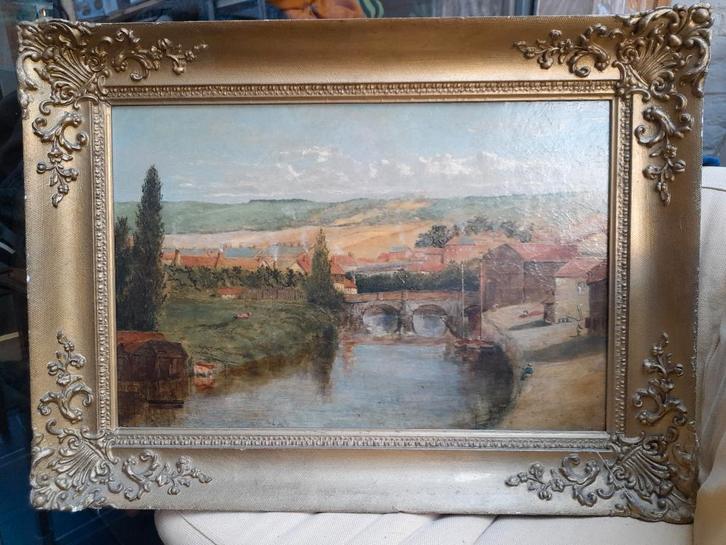 Oud schilderij, landschap, Olie on board, Monogram, Antiek en Kunst, Kunst | Schilderijen | Klassiek, Ophalen of Verzenden