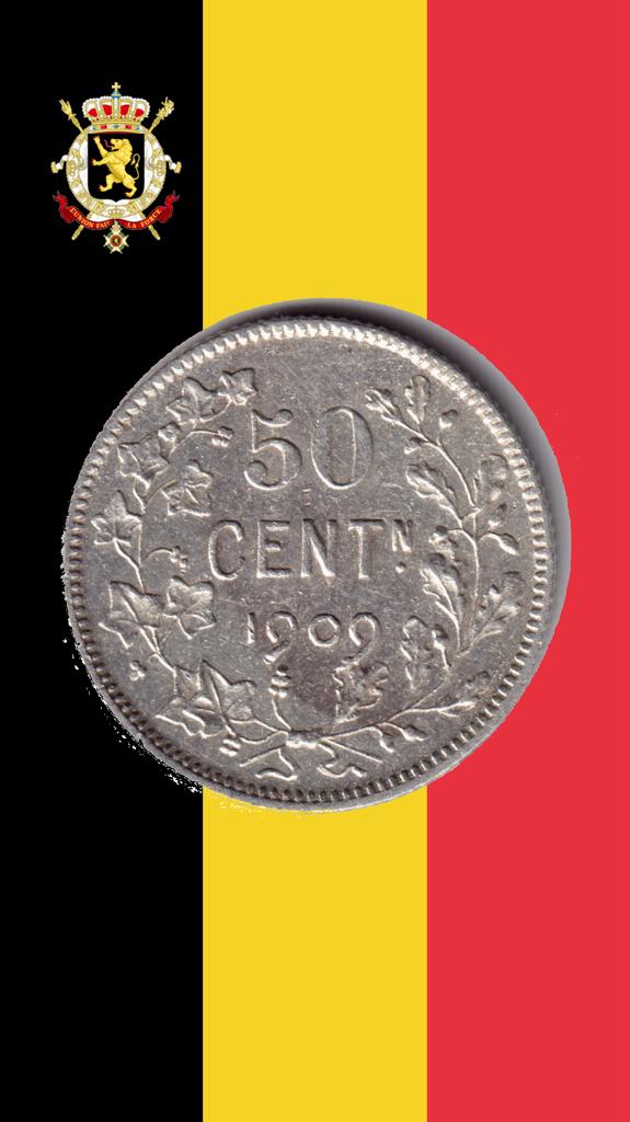 50 cent 1909 VL (punt) - Leopold II, Postzegels en Munten, Munten | België, Verzenden, Zilver, Losse munt, Zilver