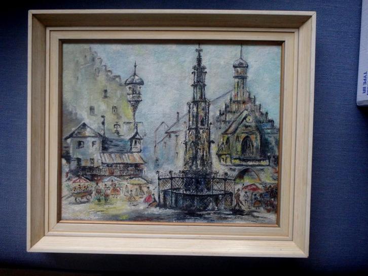 Stadsgezicht in België of Frankrijk ca. 1960, Antiek en Kunst, Kunst | Schilderijen | Klassiek, Ophalen of Verzenden