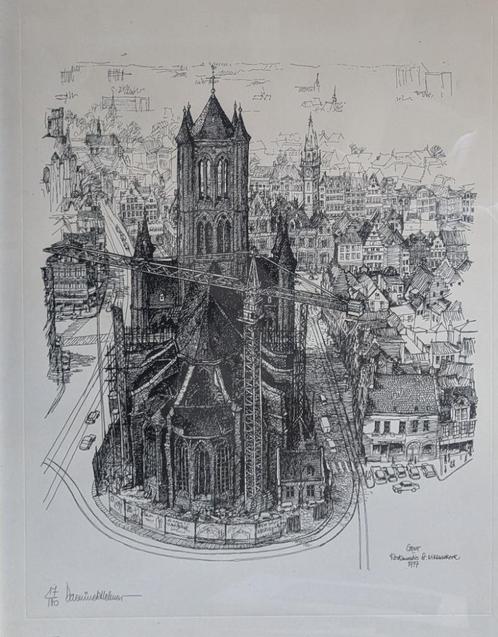 grafisch werk - Gent - Sint-Niklaaskerk - onleesbaar - kader, Antiek en Kunst, Kunst | Litho's en Zeefdrukken, Ophalen of Verzenden