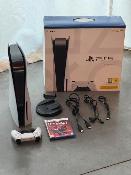 playstation5 / ps5 disc met alle toebehoren en spiderman 2, Games en Spelcomputers, Spelcomputers | Sony PlayStation 5, Zo goed als nieuw