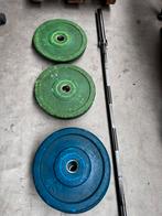 80kg Bumperplates + Olympische Barbell 220cm, Sport en Fitness, Halterschijven, Gebruikt, Ophalen