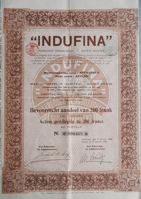 INDUFINA - Antwerpen - bevoorrecht aandeel - 1924, Postzegels en Munten, Aandelen en Waardepapieren, Aandeel, 1920 tot 1950, Ophalen of Verzenden