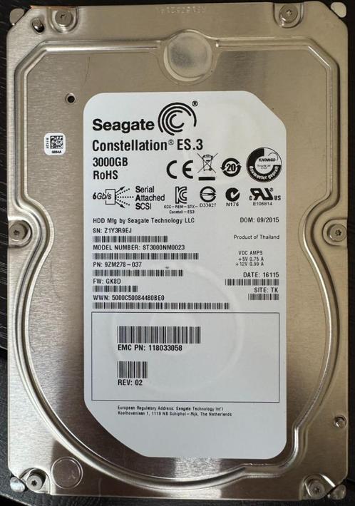 Lot de 12 disques SAS Seagate Constellation ST3000NM0023, Computers en Software, Harde schijven, Gebruikt, Server, Intern, HDD