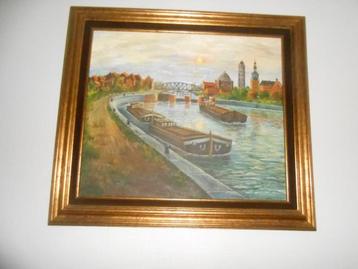 Schilderij met zicht op Leie  en stadhuis in Komen France beschikbaar voor biedingen