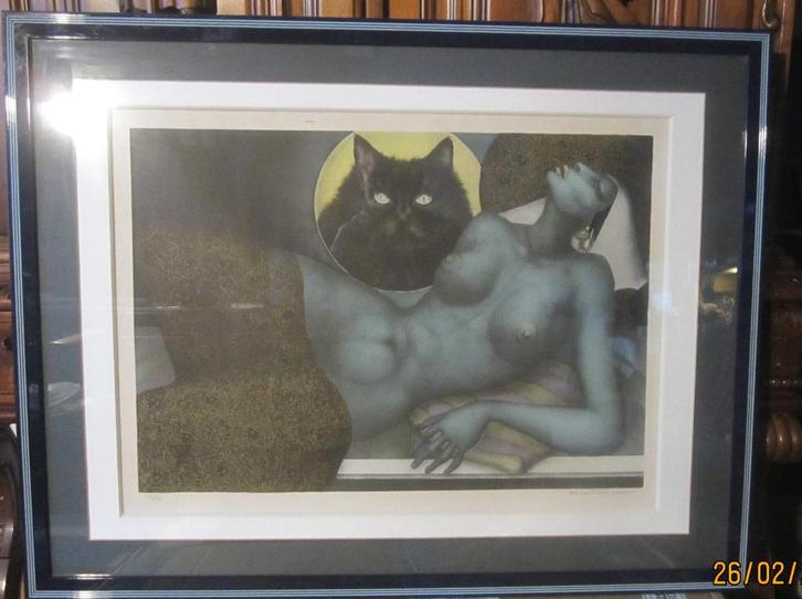"Nude Female with black Cat" - Jef Van Tuerenhout, Antiek en Kunst, Kunst | Litho's en Zeefdrukken, Ophalen