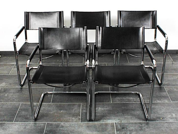 Matteo Grassi stoelen MG5 met dik zwart tuigleer, Huis en Inrichting, Stoelen, Gebruikt, Vijf, Zes of meer stoelen, Leer, Metaal