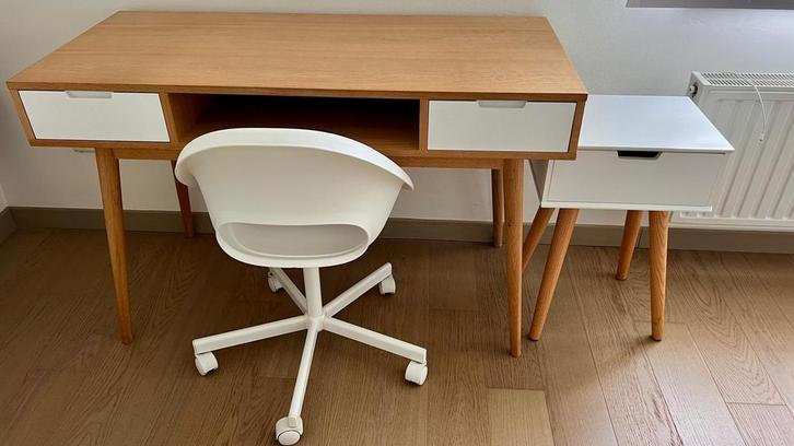 Bureau set: bureau + ladekastje + bureaustoel (Eik en wit), Huis en Inrichting, Bureaus, Zo goed als nieuw, Bureau, Ophalen