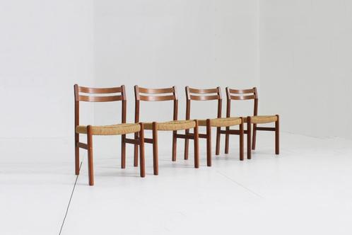 Set van 4 vintage deense eetkamer stoelen papercord, Huis en Inrichting, Stoelen, Gebruikt, Vier, Hout, Bruin, Ophalen of Verzenden