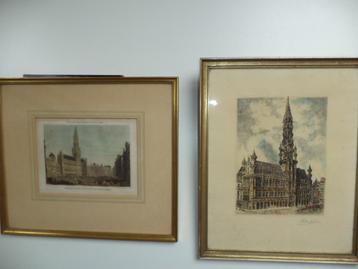 2x antiek ingekleurde gravure Grote Markt Stadhuis Brussel  beschikbaar voor biedingen