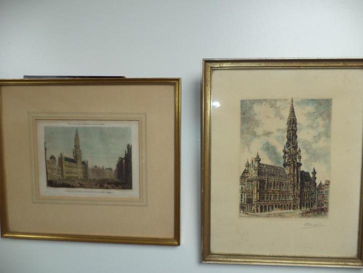 2x antiek ingekleurde gravure Grote Markt Stadhuis Brussel, Antiek en Kunst, Kunst | Litho's en Zeefdrukken, Ophalen of Verzenden