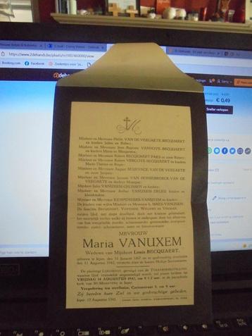 Maria Vanuxem rouwbrief, Verzamelen, Ophalen of Verzenden, Rouwkaart