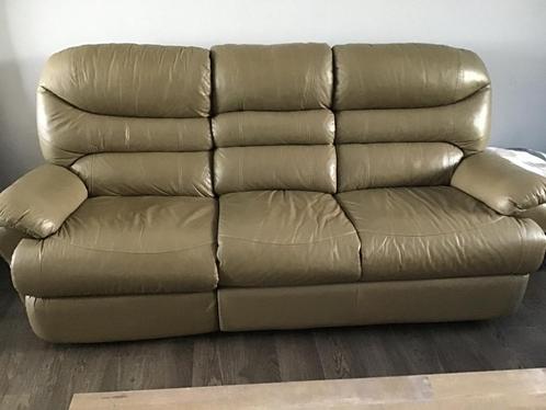 Lederen salon met 2 relaxen.in taupe kleur, Huis en Inrichting, Zetels | Complete zithoeken, Gebruikt, Leer, Ophalen