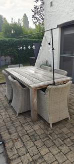 Tuintafel en 6 stoelen, Tuin en Terras, Ophalen, Gebruikt, 6 zitplaatsen, Steigerhout