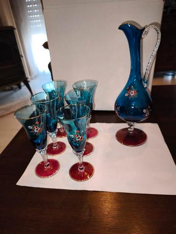 6 Wijnglazen en karaf, blauw glas, Antiek en Kunst, Antiek | Glaswerk en Kristal, Ophalen