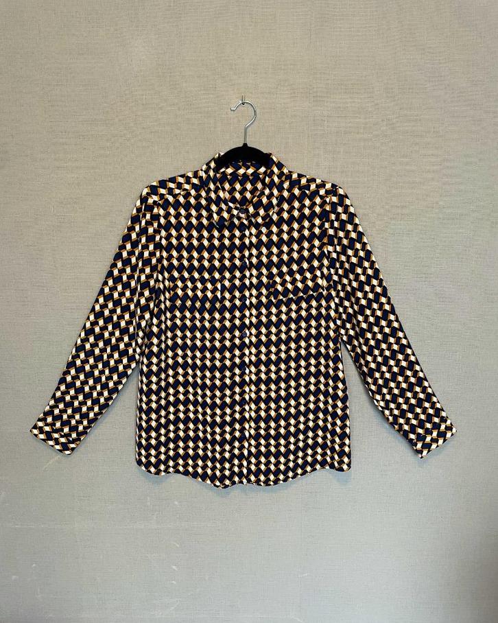 Blauw-wit-cognac geruite blouse (M), Kleding | Dames, Blouses en Tunieken, Zo goed als nieuw, Maat 38/40 (M), Blauw, Ophalen of Verzenden
