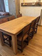 6 antieke lederen stoelen (mooie patine), Huis en Inrichting, Ophalen, Gebruikt, Bruin, Hout