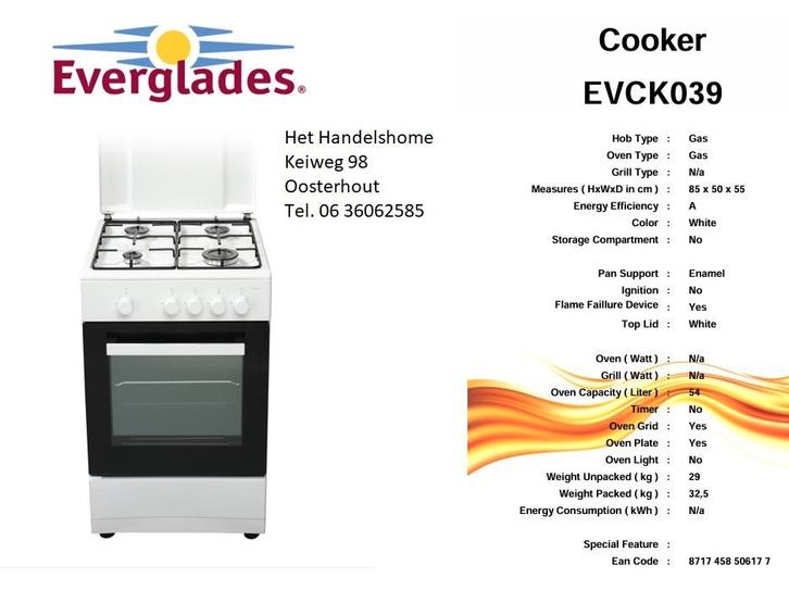 Butagas fornuis nieuw wit 50cm breed met gar., Electroménager, Cuisinières, Neuf, Autoportant, 4 zones de cuisson, Moins de 85 cm