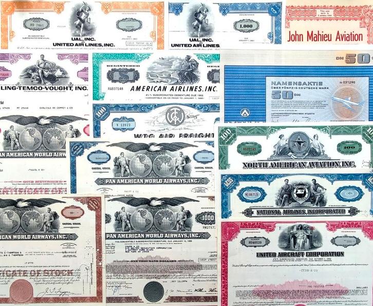 Verzameling van 14X originele luchtvaartaandelen 1948-1976, Postzegels en Munten, Aandelen en Waardepapieren, Certificaat van aandeel