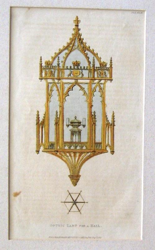 Prent Gothic Lamp for a Hall 1825 R. Ackermann, Antiek en Kunst, Kunst | Litho's en Zeefdrukken, Ophalen of Verzenden