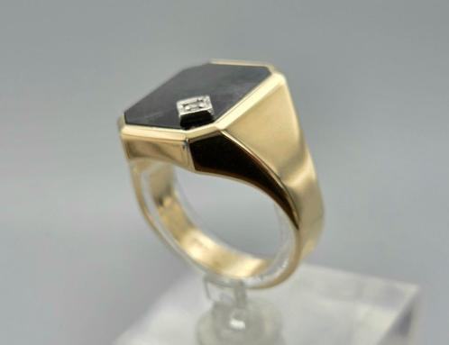 Gouden herenring met Onyx en witte topaas. 2025/551, Handtassen en Accessoires, Ringen, Zo goed als nieuw, Dame of Heer, Zwart